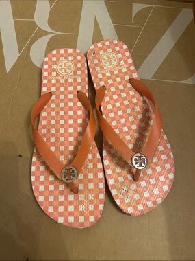 Tory Burch Coral-Orange gingham Flip Flops